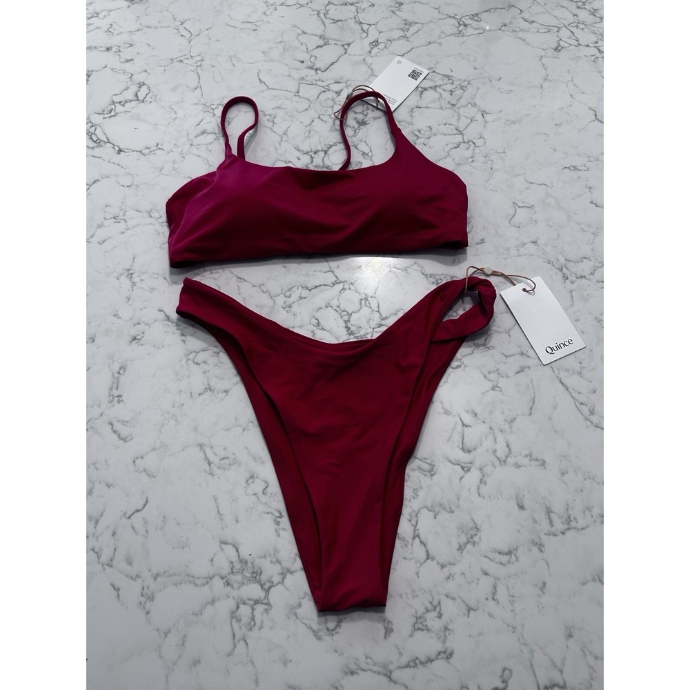 NWT Quince Cherry Red Italian Scoop Neck Bikini Top & High Leg Bottom Set Medium